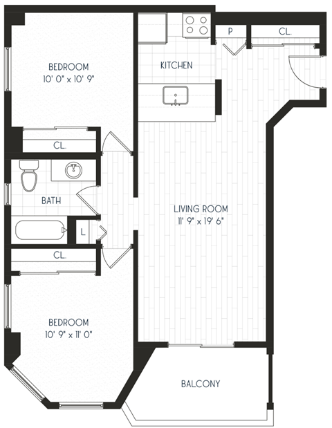 A black and white image of a floor plan for a home with a living room, kitchen, two bedrooms, a bathroom, and a balcony.